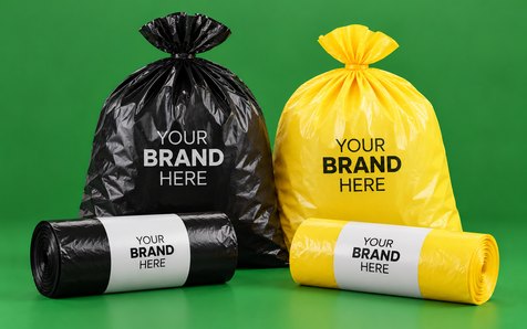 Custom printed bin bags in black and yellow with client branding