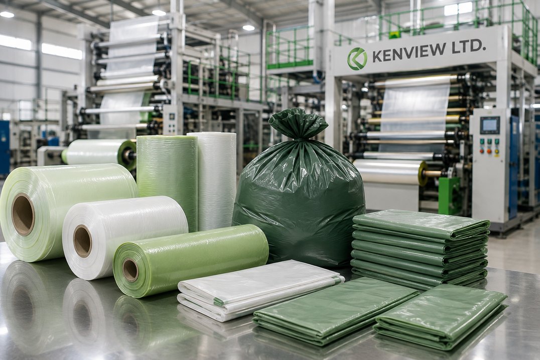 Inside the Kenview production facility — film rolls and finished biodegradable bags