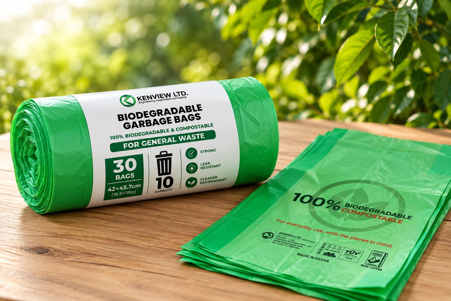 Kenview biodegradable bags surrounded by greenery, ready to return to the soil